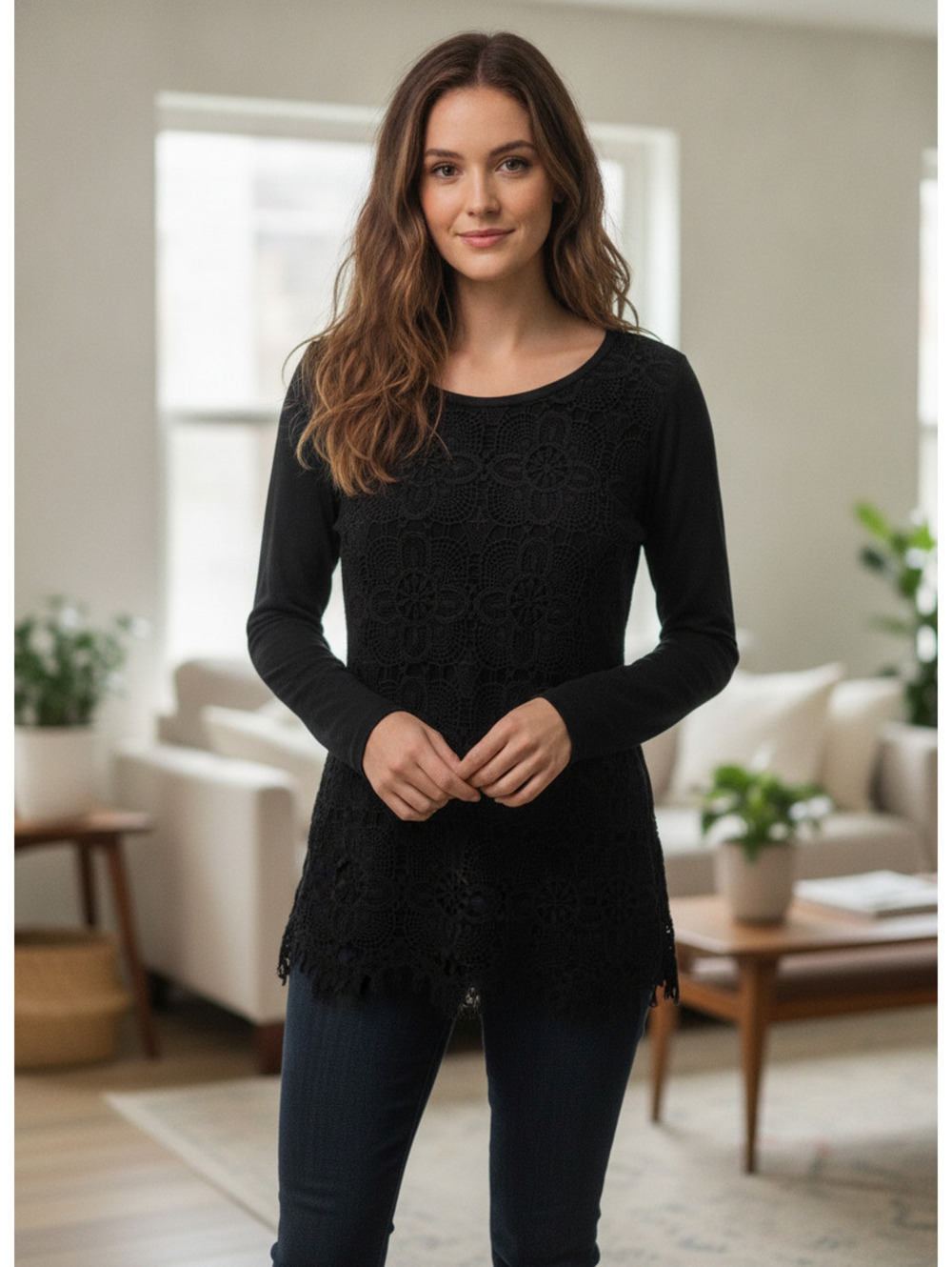 J.Crew Black Long Sleeve Crochet Lace Tunic Top Size Small